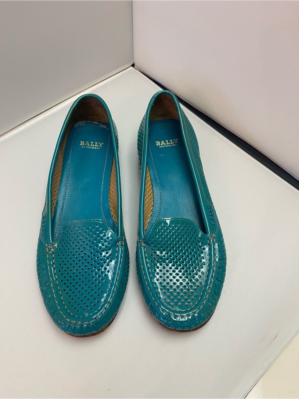Bally Teal Patent Leather Perforated Loafers - Women size 38